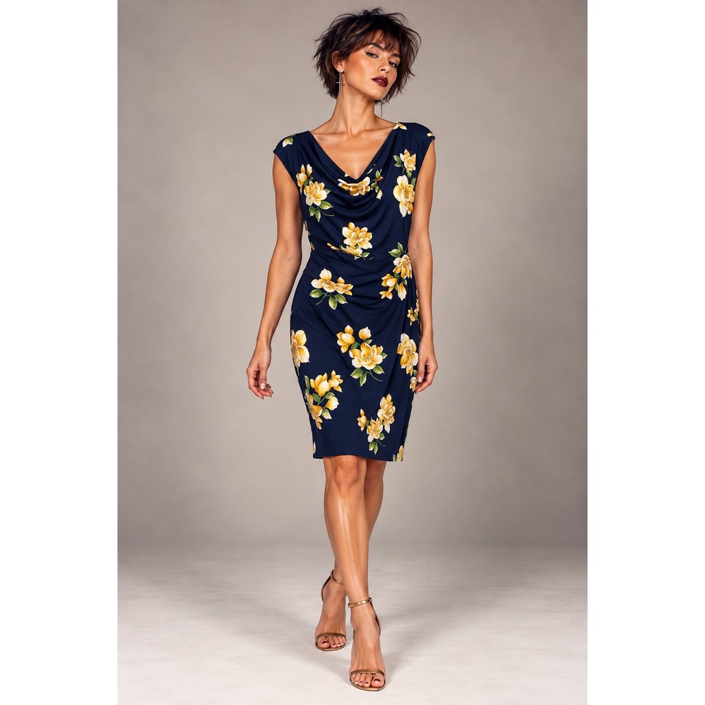 Jessica Howard Navy Blue Yellow Floral Cowl Neck Draped Sheath Dress Size 16